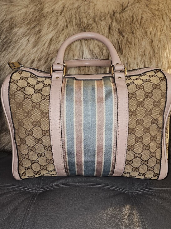 Gucci Handbags - Gucci Beige GG Canvas Boston with Pink Trim and Striped Center